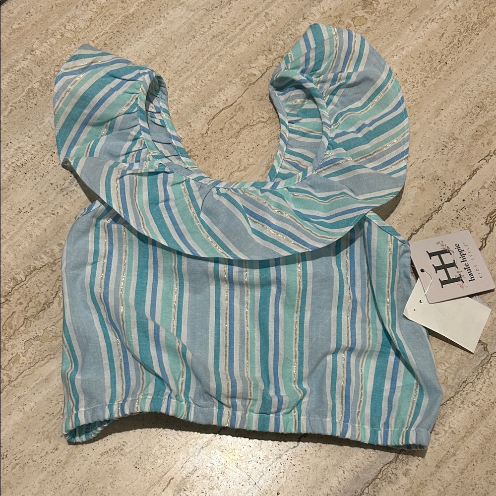 NEW 🆕 Haute Hippie Girls Crop Top Ruffled Neckline Striped Blue and White 7/8 y